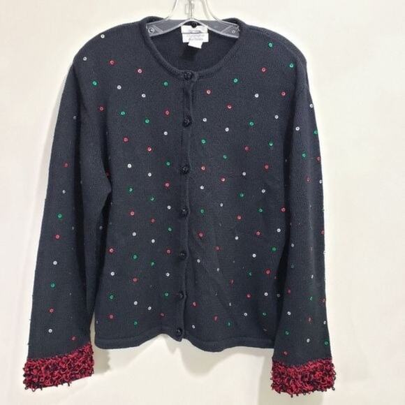 Christopher & Banks red, green & silver sequin beaded button front cardigan XL - Picture 1 of 9